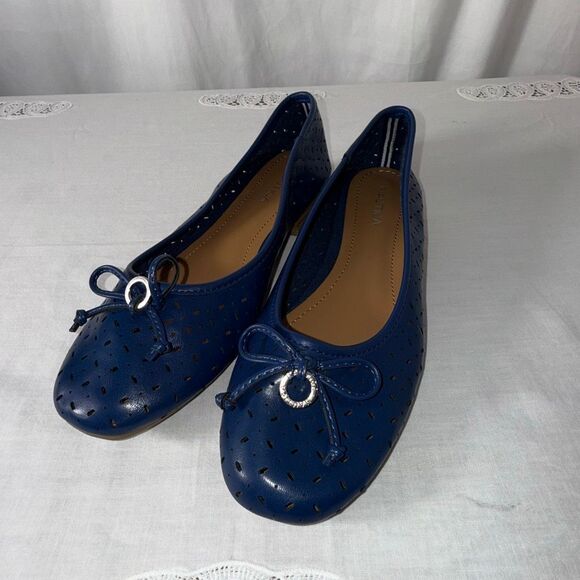 Nautica Navy Blue Perforated Ballet Flats | Bow Accent Slip-On Shoes | Casual Co - Picture 4 of 11